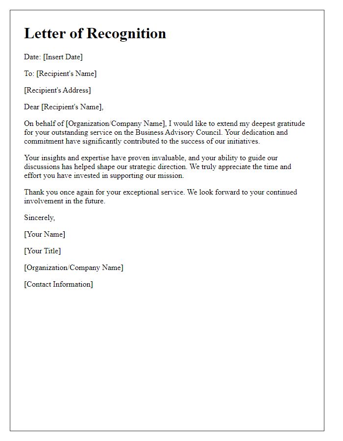 Letter template of recognition for outstanding service on the business advisory council