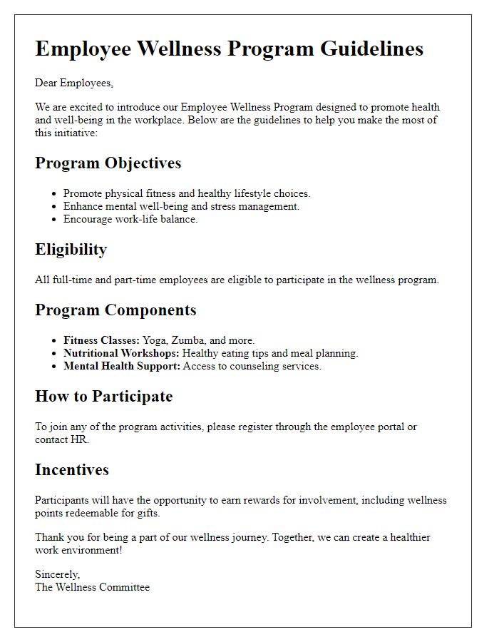 Letter template of employee wellness program guidelines