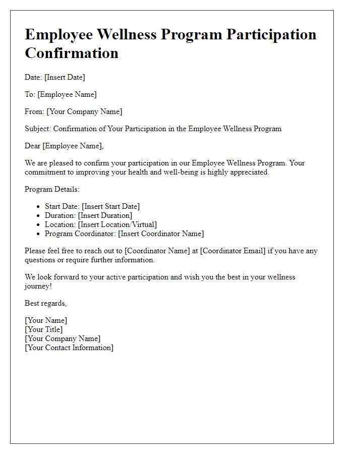 Letter template of employee wellness program participation confirmation