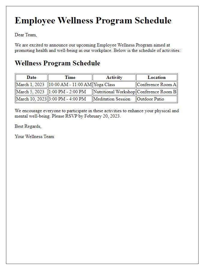 Letter template of employee wellness program schedule