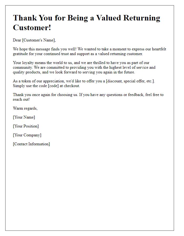 Letter template of thank you for being a valued returning customer.