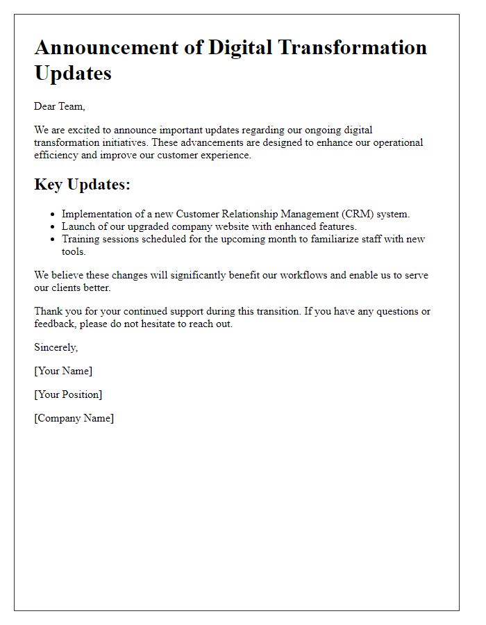 Letter template of an announcement regarding digital transformation updates