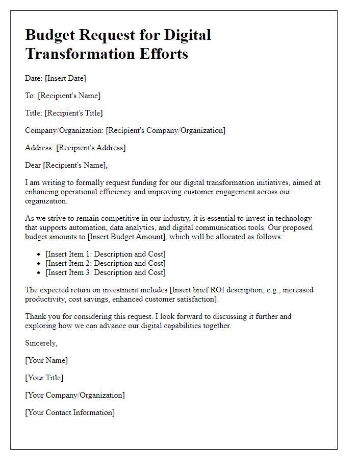 Letter template of a budget request for digital transformation efforts