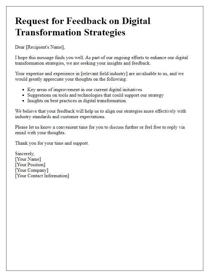 Letter template of a feedback request on digital transformation strategies