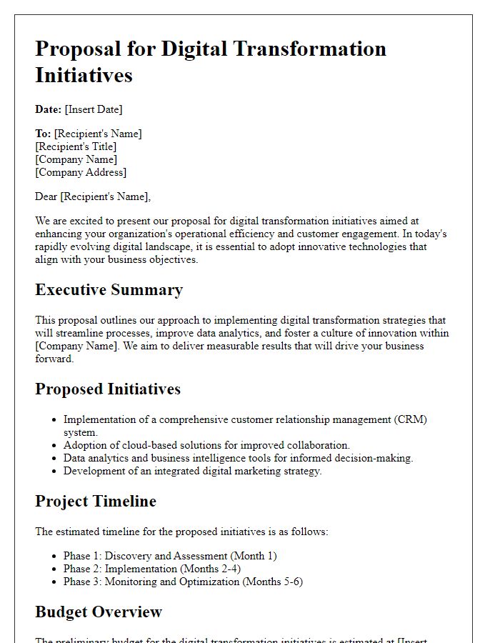 Letter template of a proposal for digital transformation initiatives