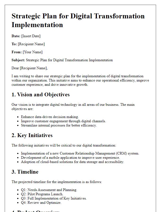 Letter template of a strategic plan for digital transformation implementation