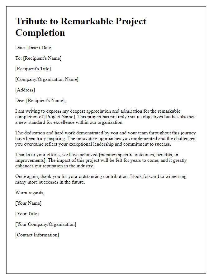 Letter template of tribute for remarkable project completions