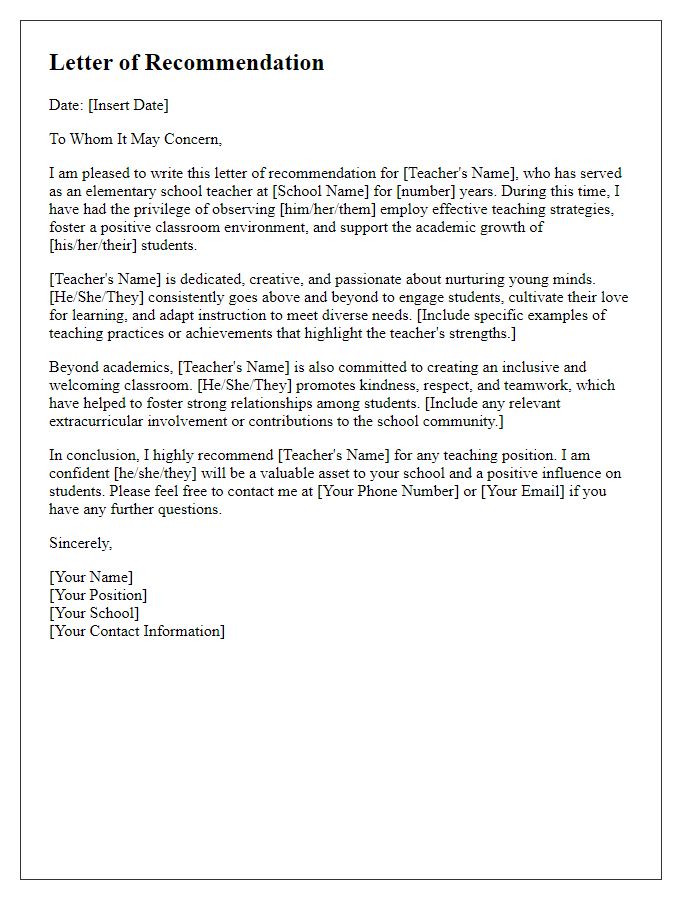 Letter template of recommendation for an elementary school teacher