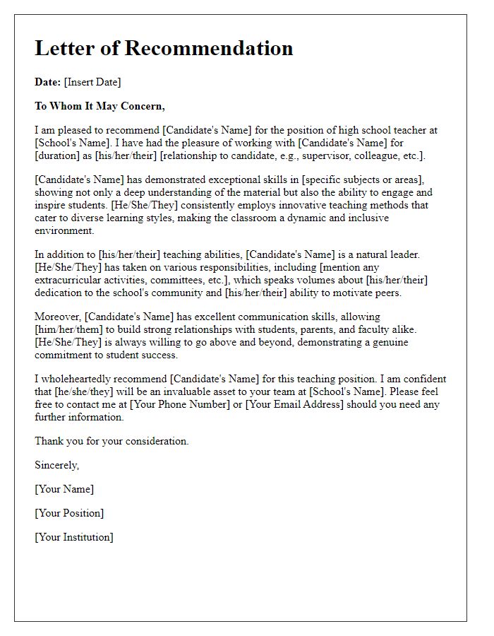 Letter template of recommendation for a high school teaching position