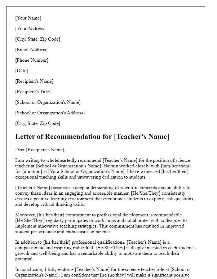 Letter template of recommendation for a science teacher role