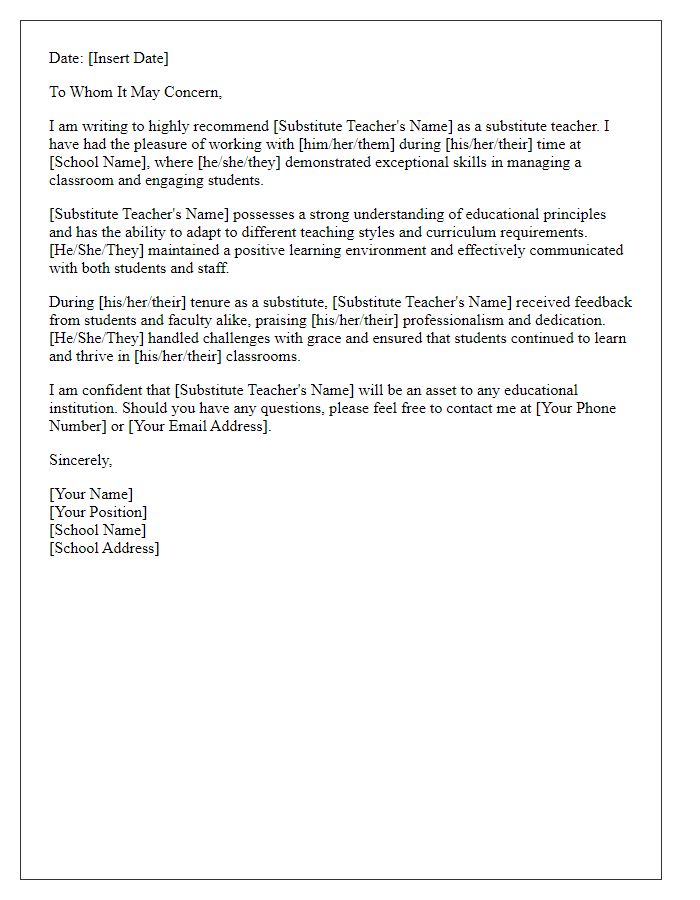 Letter template of recommendation for a substitute teacher