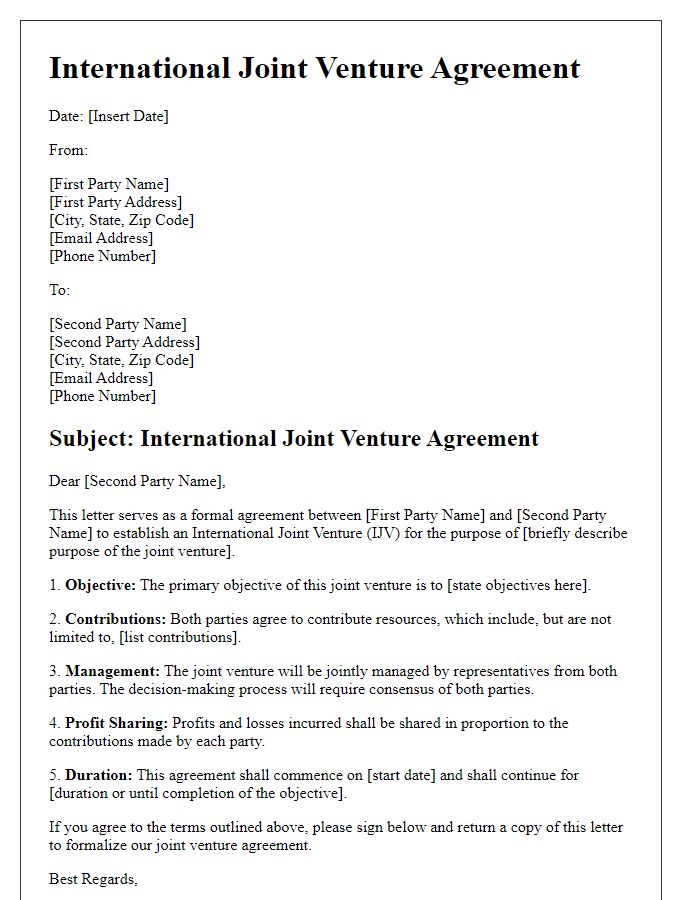 Letter template of International Joint Venture Agreement