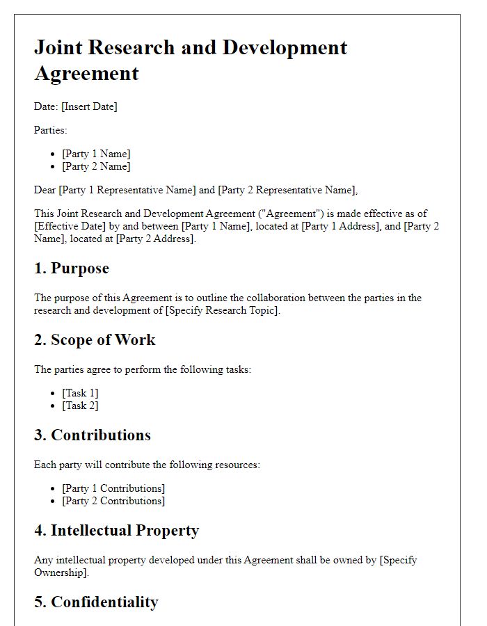 Letter template of Joint Research and Development Agreement