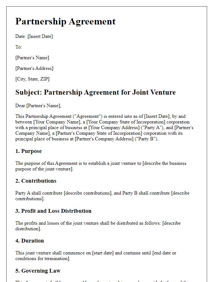 Letter template of Partnership Agreement for Joint Ventures