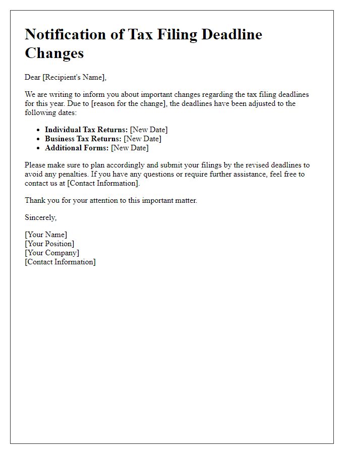 Letter template of tax filing deadline changes notification