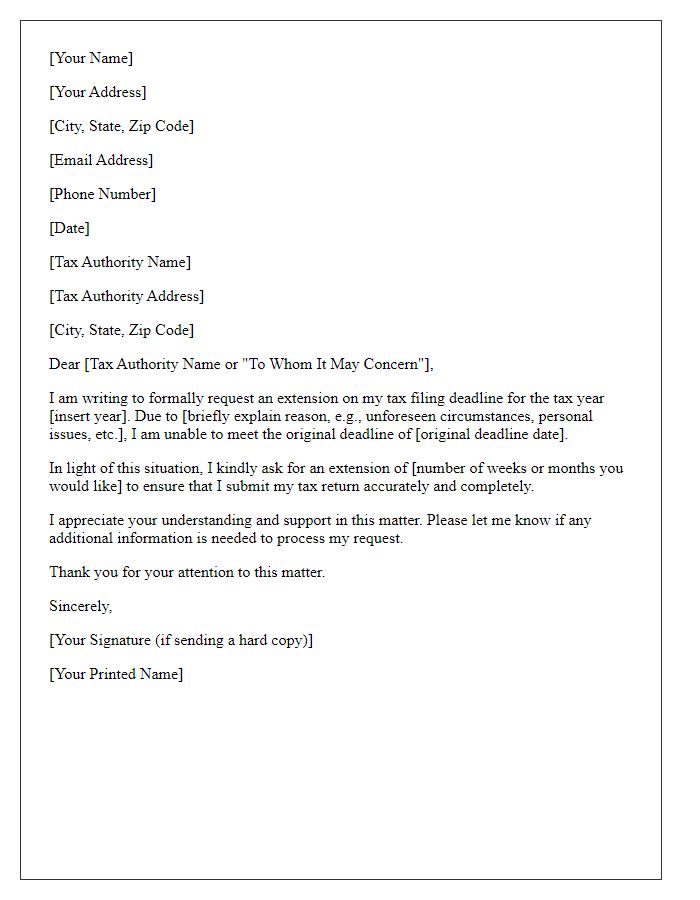 Letter template of tax filing deadline extension request