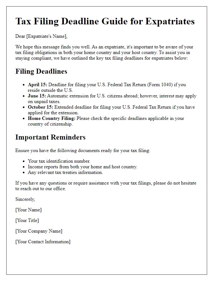 Letter template of tax filing deadline guide for expatriates