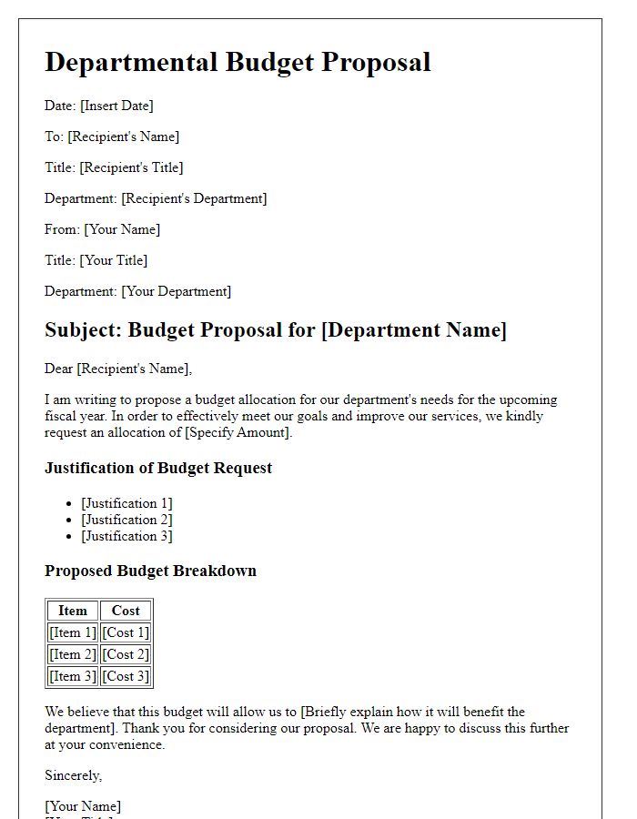 Letter template of budget proposal for departmental needs