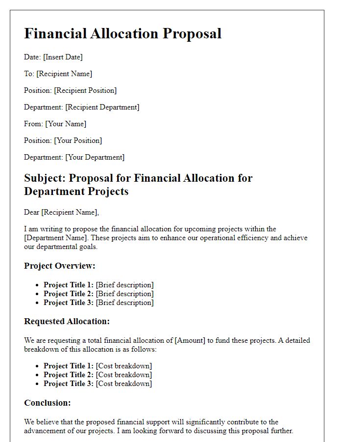 Letter template of financial allocation proposal for department projects