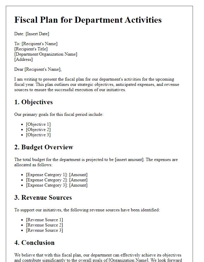 Letter template of fiscal plan for department activities