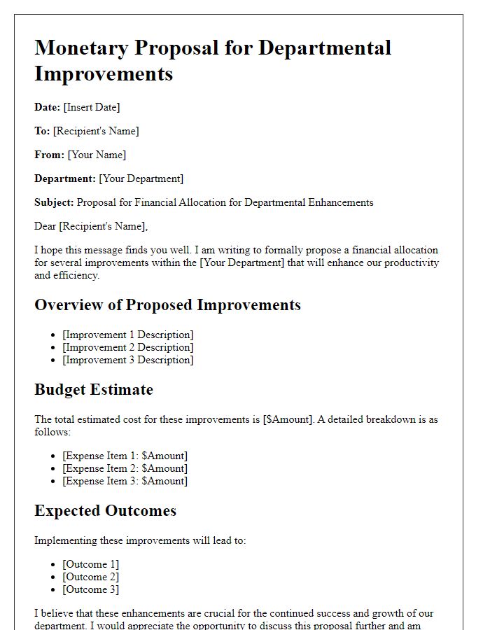 Letter template of monetary proposal for departmental improvements