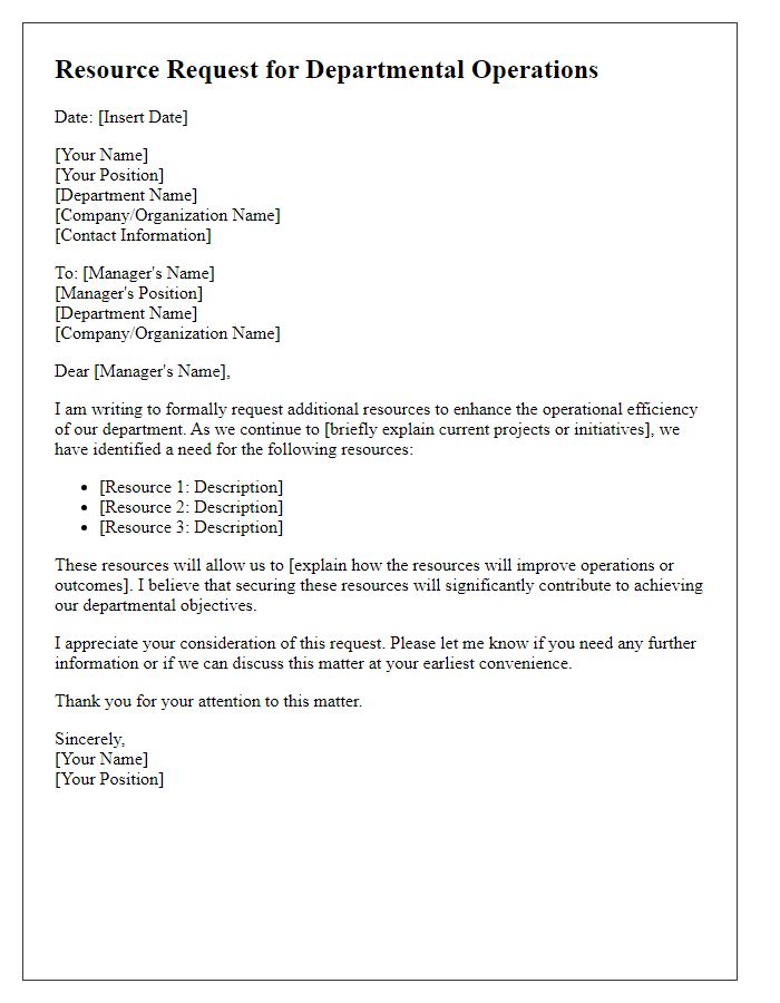 Letter template of resource request for departmental operations