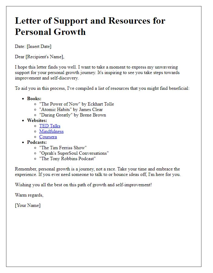 Letter template of support and resources for personal growth