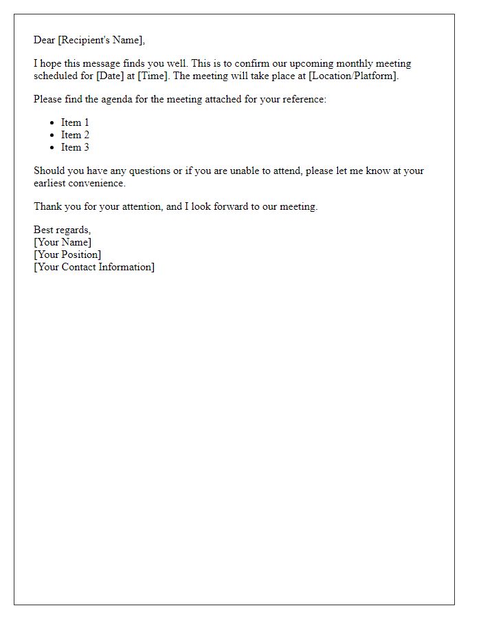 Letter template of monthly meeting schedule confirmation