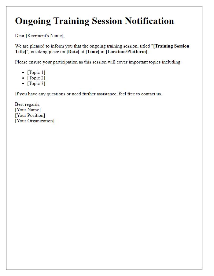 Letter template of ongoing training session notifications