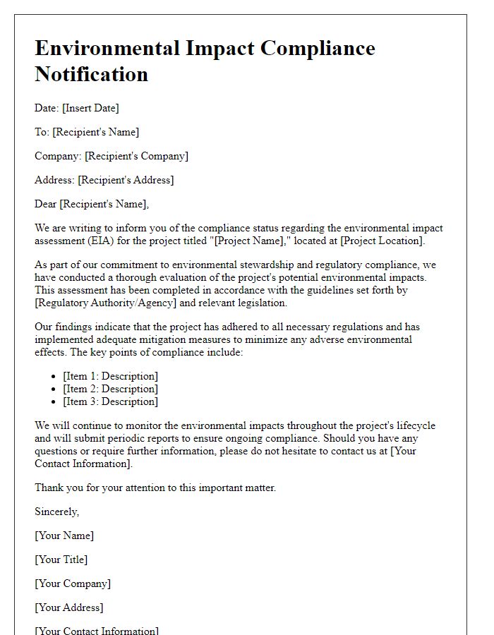 Letter template of environmental impact compliance notification