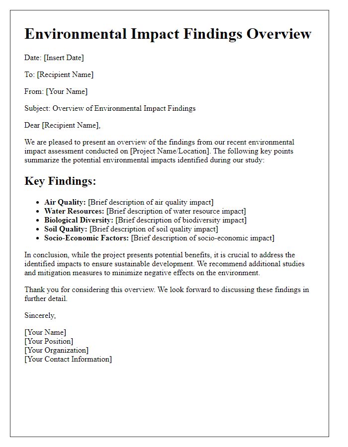 Letter template of environmental impact findings overview