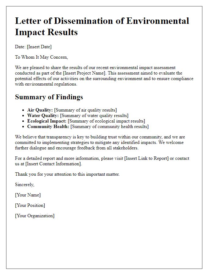 Letter template of environmental impact results dissemination