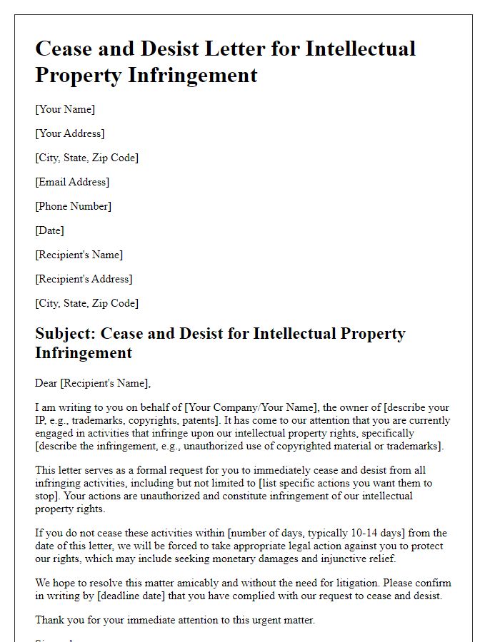 Letter template of cease and desist for IP infringement.