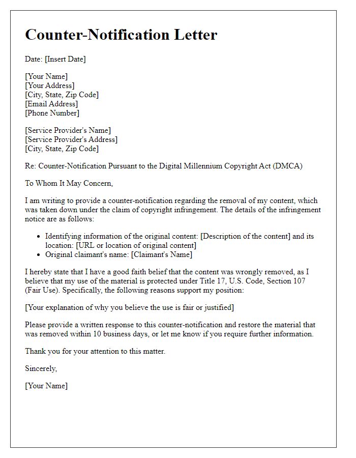 Letter template of counter-notification for IP dispute.