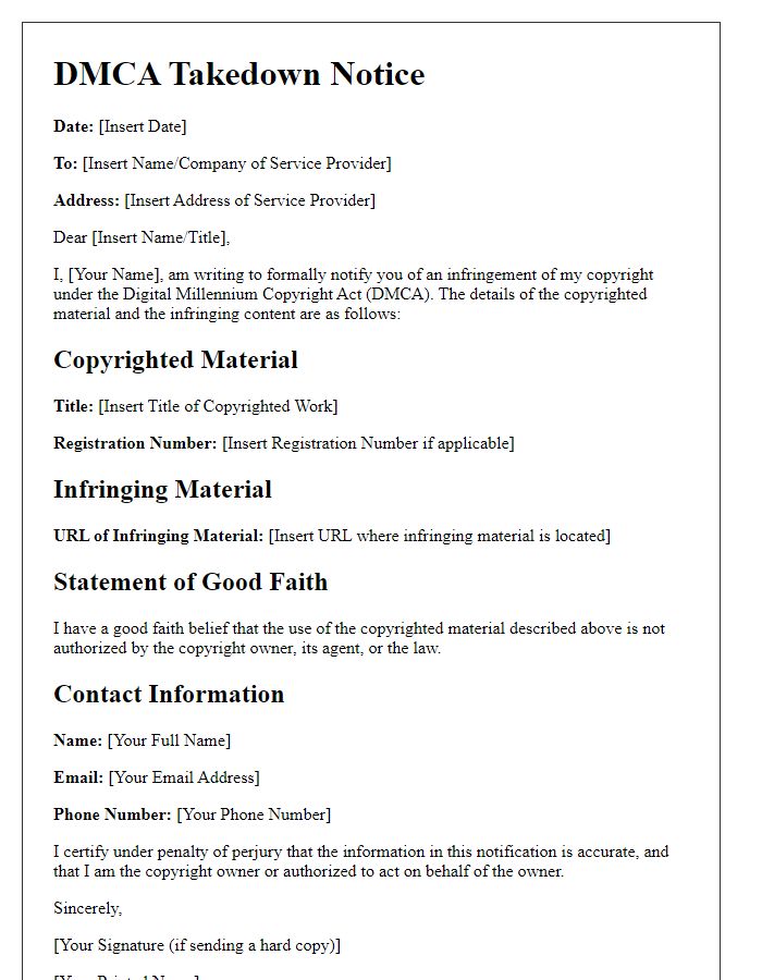 Letter template of DMCA takedown request.