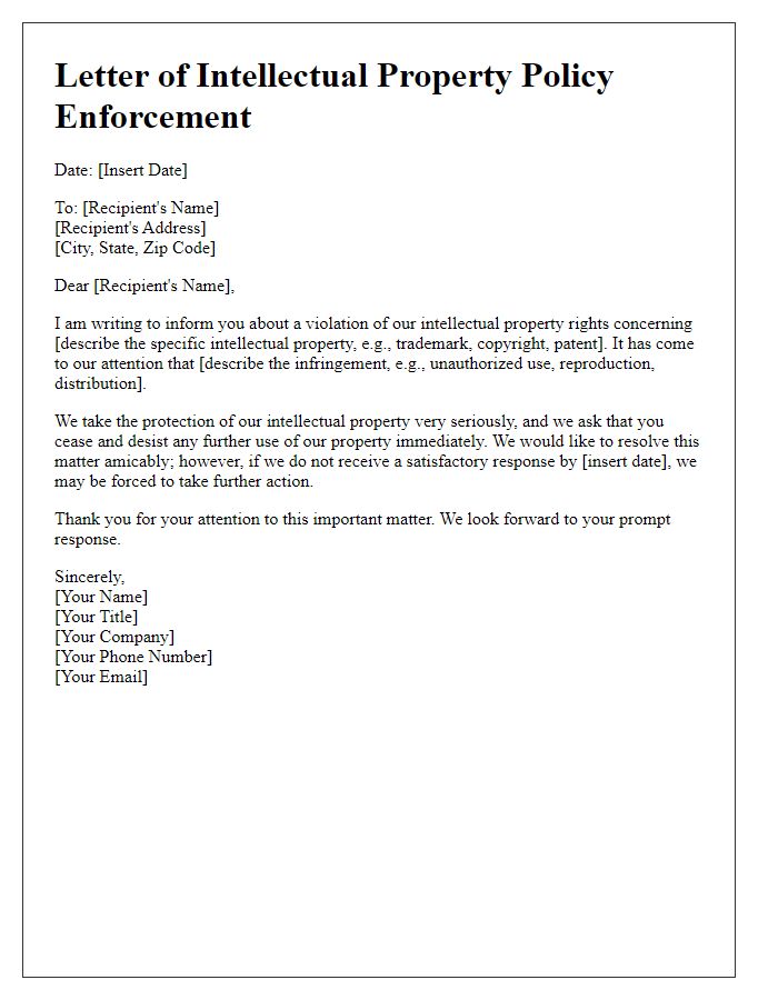 Letter template of intellectual property policy enforcement.