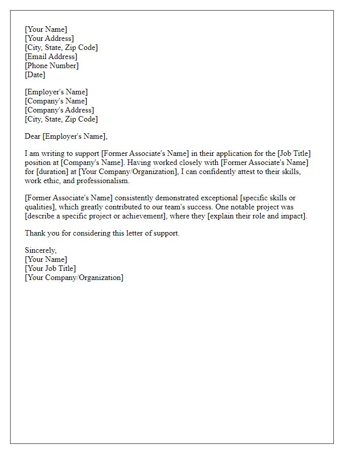 Letter template of a job application support for a former associate