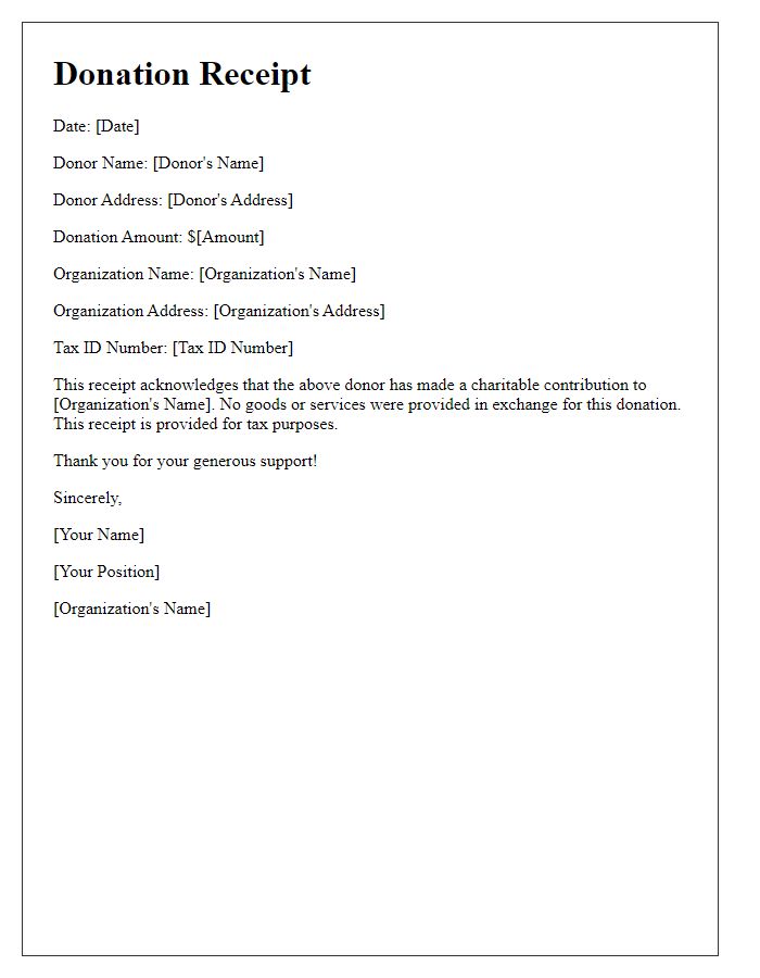 Letter template of donation receipt for tax purposes