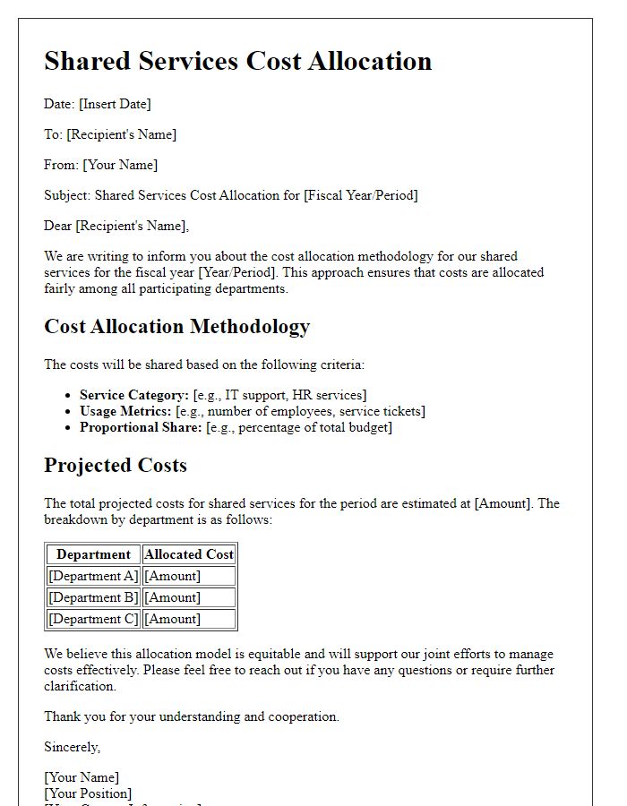 Letter template of shared services cost allocation