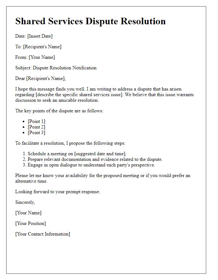 Letter template of shared services dispute resolution