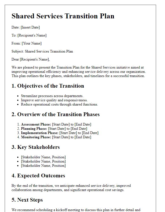 Letter template of shared services transition plan