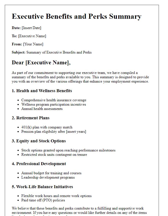 Letter template of executive benefits and perks summary