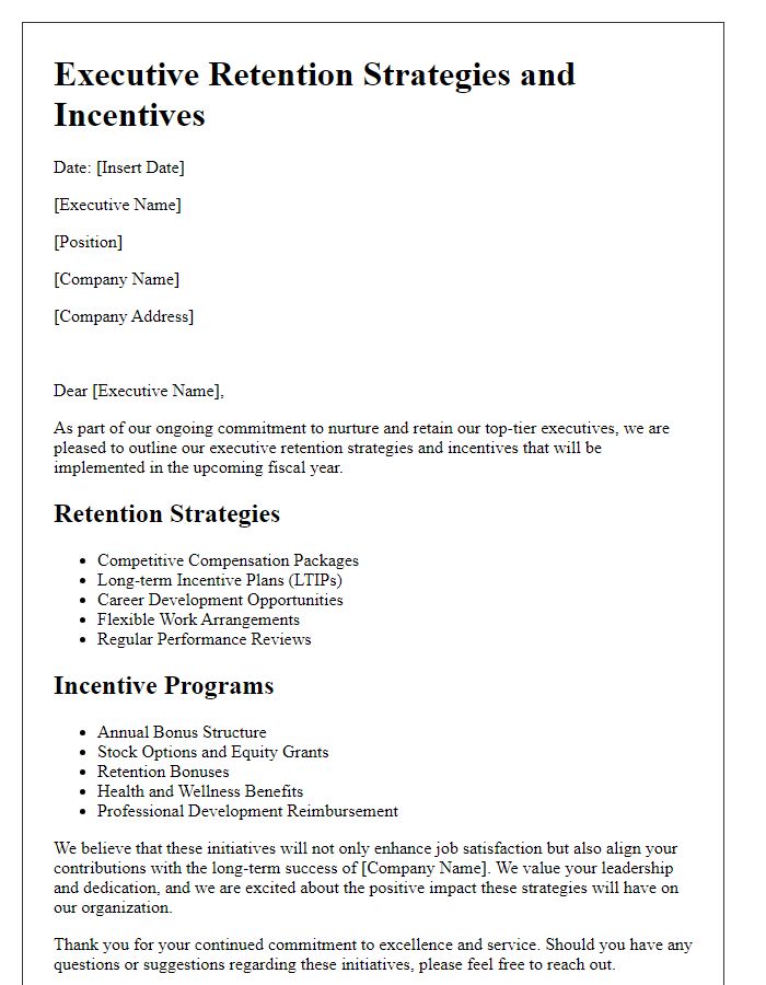 Letter template of executive retention strategies and incentives