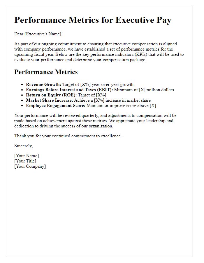 Letter template of performance metrics for executive pay