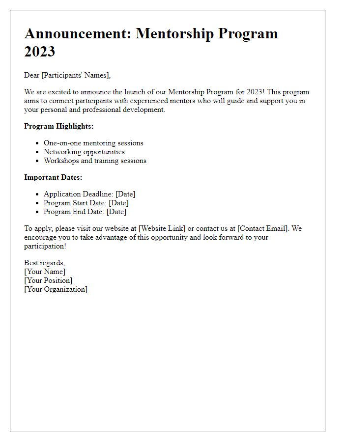 Letter template of mentorship program announcement for participants.