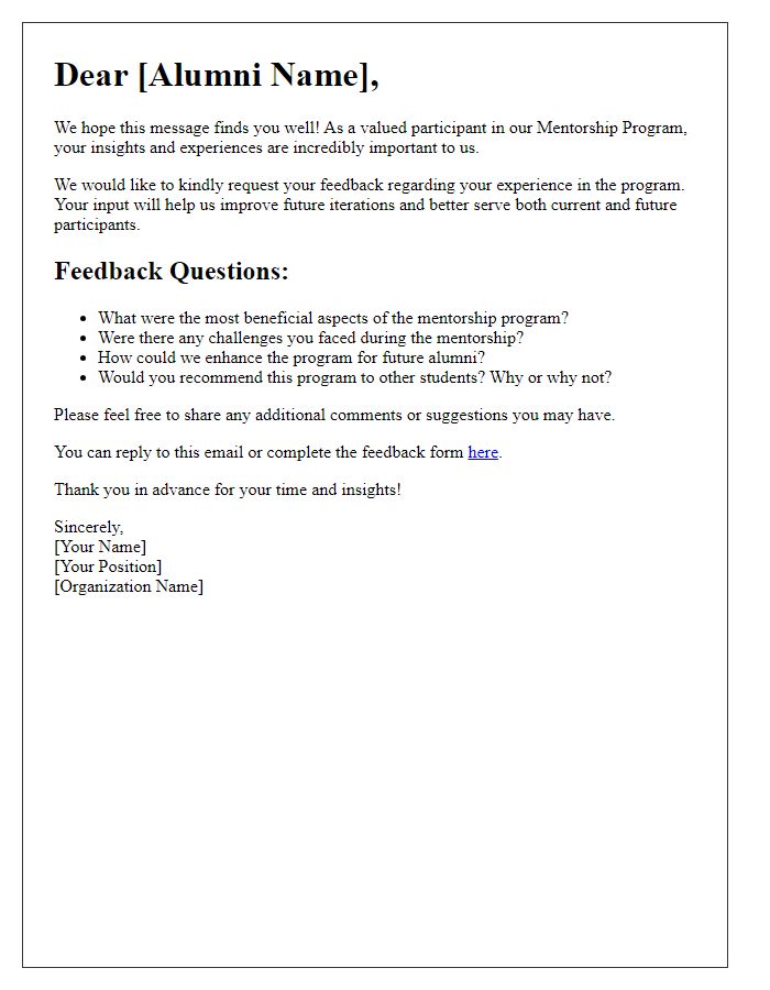 Letter template of mentorship program feedback request for alumni.