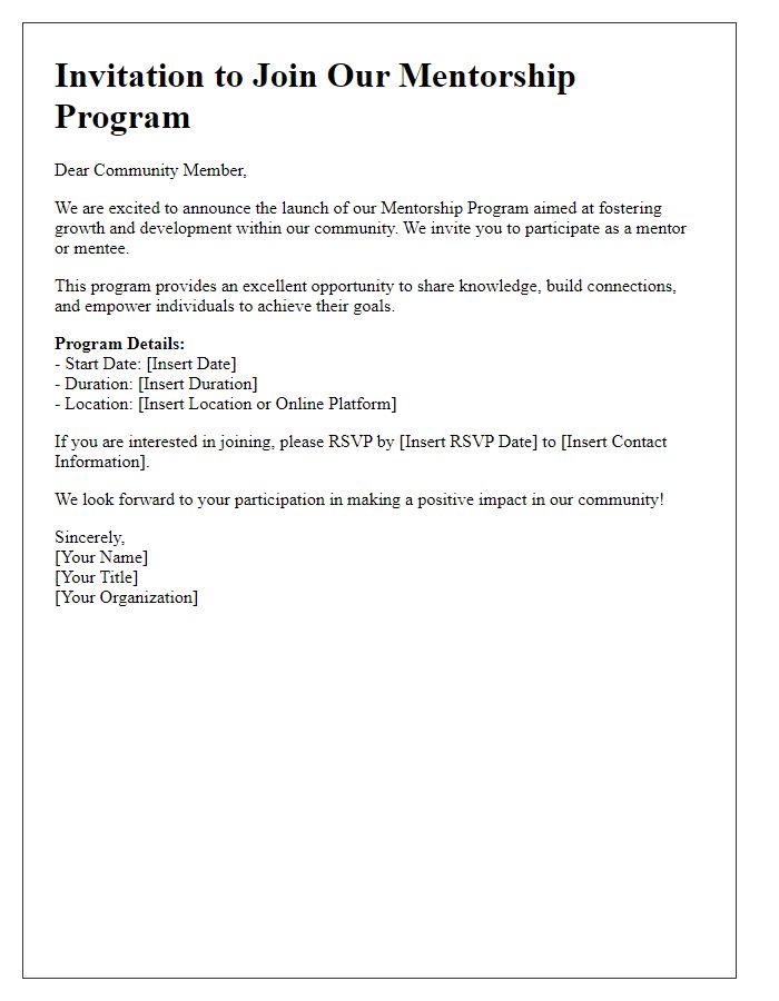 Letter template of mentorship program invitation for community members.