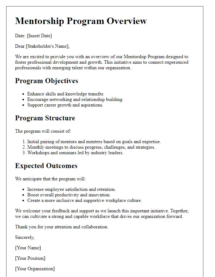 Letter template of mentorship program overview for stakeholders.