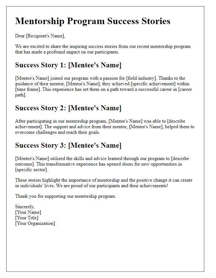 Letter template of mentorship program success stories for promotional use.