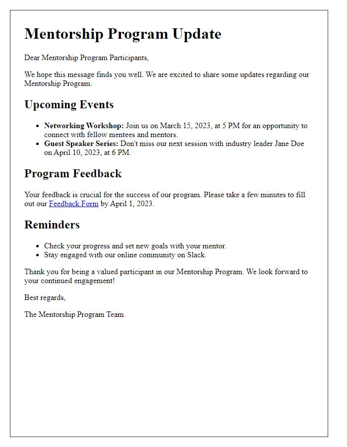 Letter template of mentorship program updates for existing participants.